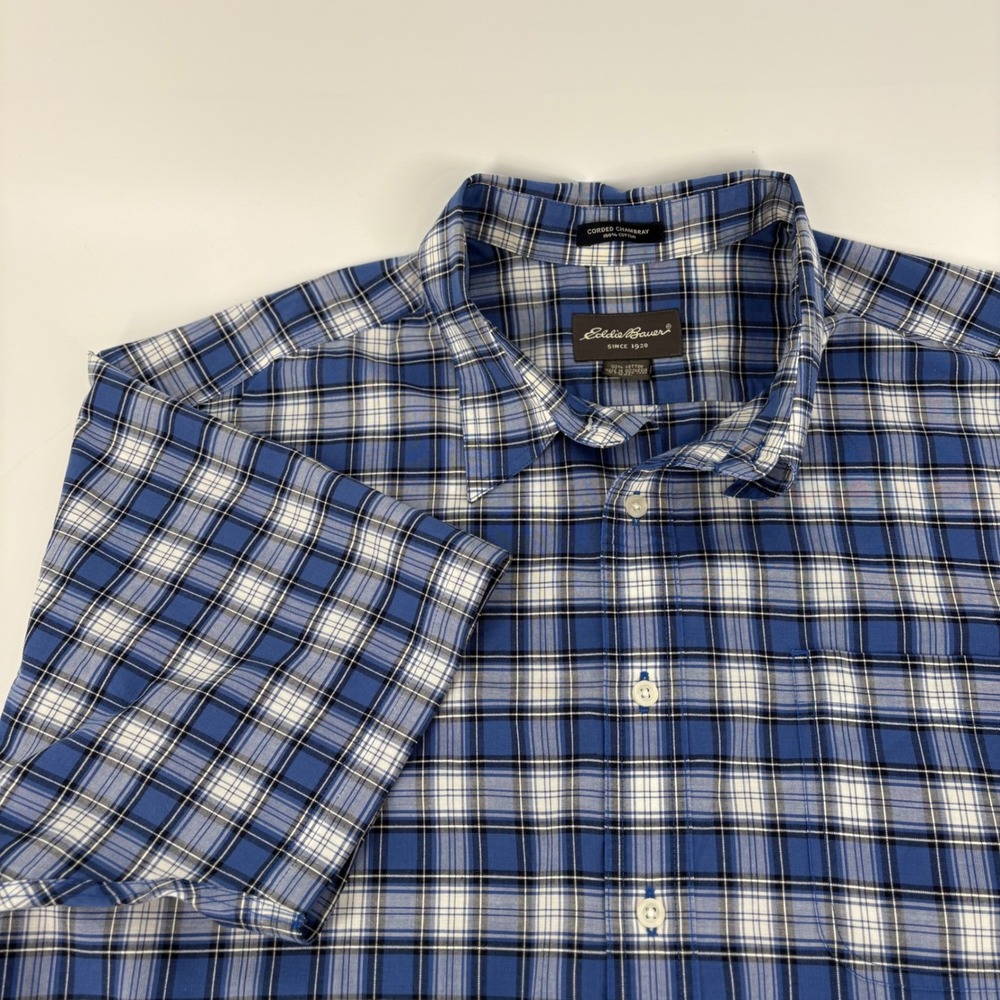 Eddie Bauer Mens XXL‎ Blue Plaid Corded Chambray Short Sleeve Button Down Shirt